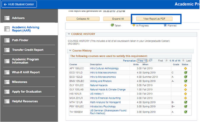 Screenshot of Academic Advisement Report (AAR) with View Report as PDF button highlighted.