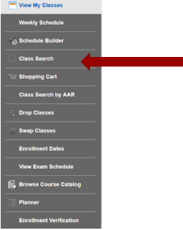 Screenshot of Manage Classes sub navigation with an arrow pointing to Class Search.