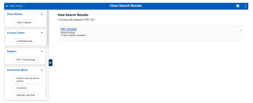 Screenshot of class search results using PSY 351 as search criteria with the arrow pointing to Open Classes only link.
