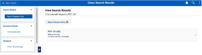 Screenshot of class search results using PSY 351 as search criteria with the arrow pointing to Open Classes only link.
