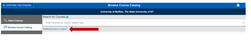 Screen shot of Search for Courses field with an arrow pointing to the Additional Ways to Search hyperlink.