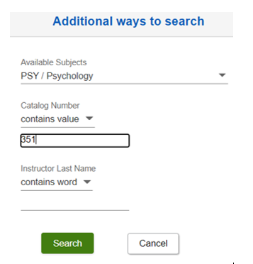 Screen shot of the Additional ways to search with Available Subjects and catalog number entered.