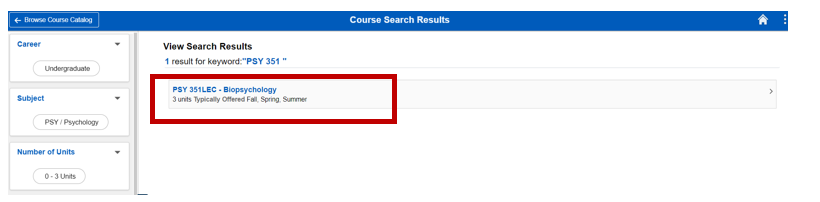 Screenshot of the Course Search Results screen with a box around search results.