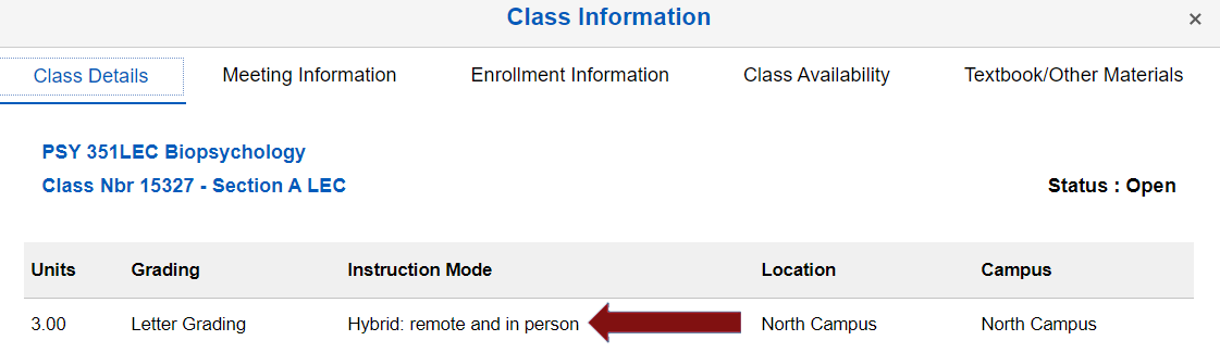 Screenshot of the class information window with an arrow pointing to the instruction mode.
