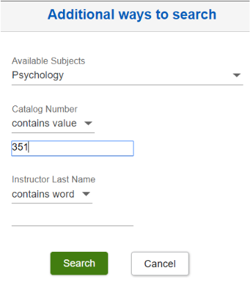 Screenshot of additional ways to search the page with Available Subjects and Catalog Number entered.