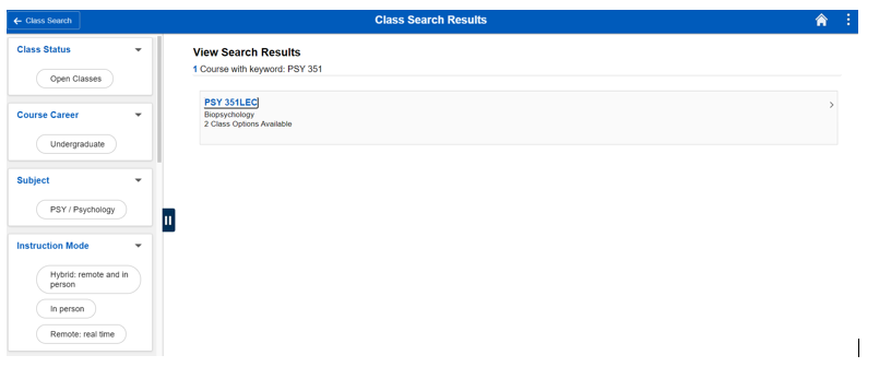 Screenshot of class search results using PSY 351 as the search criteria.