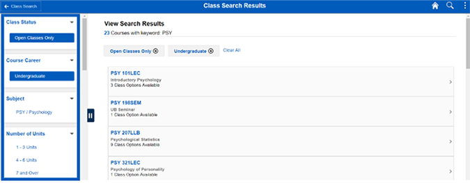Screenshot of class search results with options to filter outlined in the left-hand navigation.