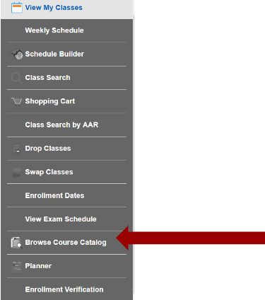 Screenshot of My Courses navigation with an arrow pointing to the Browse Course Catalog option.