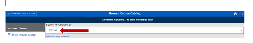 Screen shot of PSY 351 added as search criteria in the Search for classes field with an arrow pointing to it.