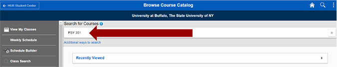 Screenshot of Browse for Courses screen with an arrow pointing to the Search for Courses search bar.