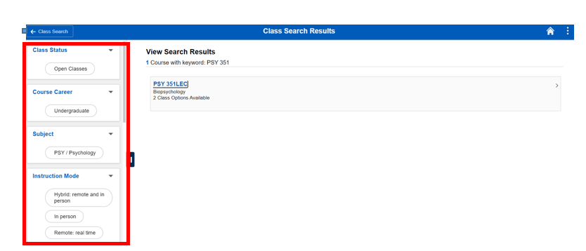 Screen shot of class search results using PSY 351 as the criteria with a box outlining additional search criteria.