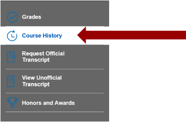 Screenshot of Grades and Awards sub-navigation with Course History highlighted.