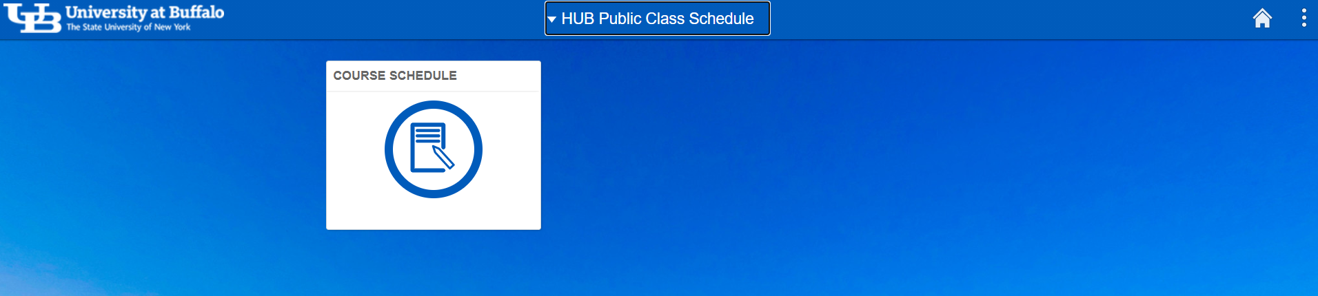 Screenshot of the UB Public Class Schedule home page with an arrow pointing to the Course Schedule tile.