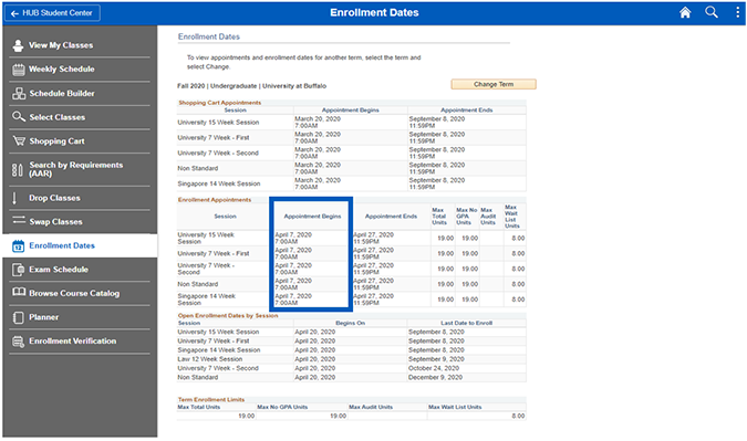 Screenshot of the Enrollment Dates screen with a box around the enrollment start dates for the term.