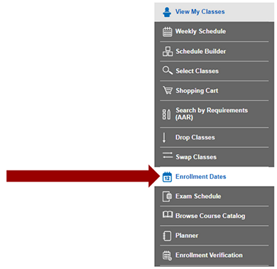 Screenshot of Manage Courses navigation with an arrow pointing to the Enrollment Dates option.