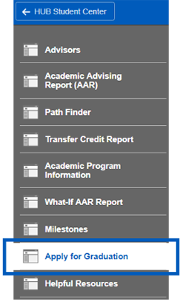 Screenshot of the Academic Progress sub-navigation with Apply for Graduation option highlighted.