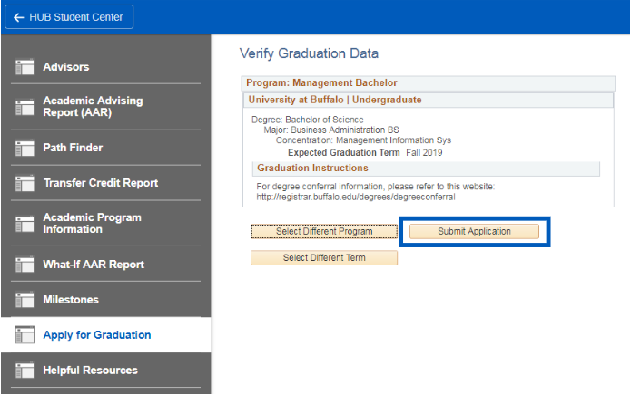 Screenshot of Verify Graduation Data screen with a box around Submit Application button.