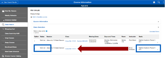 Screenshot of class information with an arrow pointing to a hyperlink.