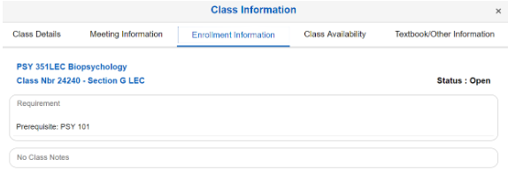 Screenshot of class information results for PSY 351.