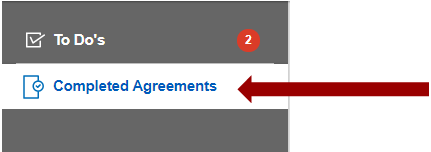 Screenshot of to-do sub-navigation with arrow pointing to the completed agreements button.