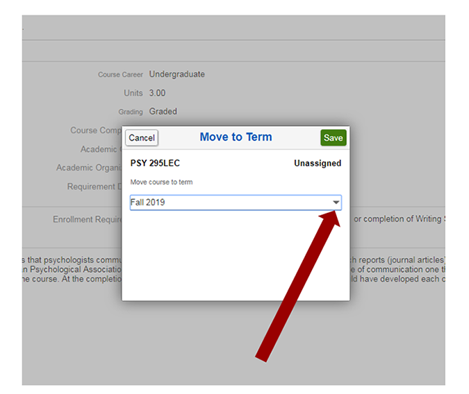 Screenshot of a red arrow pointing at how to select a term from the dropdown.