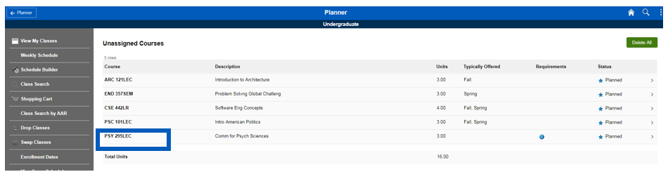 Screenshot of where to select a course.