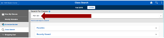 Screenshot of PSY351added as search criteria in Search for Classes field.