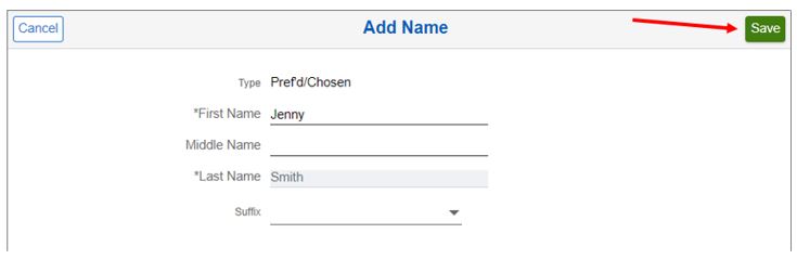 Screenshot showing preferred/chosen first name being entered and arrow pointing to save button.