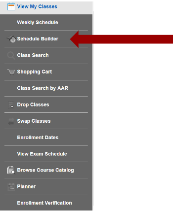 Screenshot of the Manage Classes sub-navigation with an arrow pointing to the Schedule Builder.