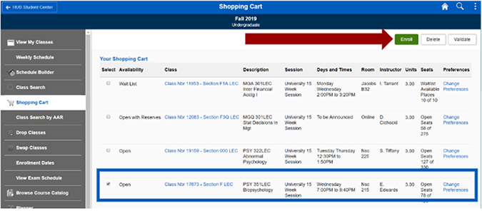 Screenshot of the Shopping Cart page with an arrow pointing to the Enroll button.