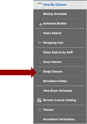 Screenshot of My Courses navigation with an arrow pointing to Swap Classes option.