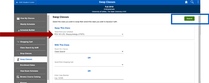 Screenshot of Swap Classes page with an arrow pointing to course selection and box around the search button.