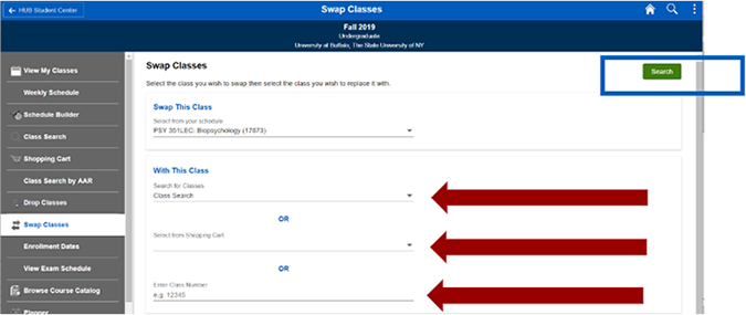 Screenshot of Swap Classes page with arrows pointing to options student can use to select replacement course and box around Search button.