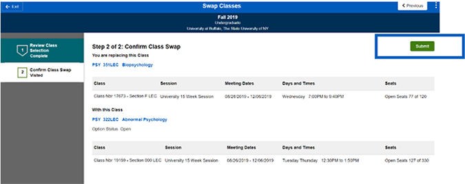 Screenshot of Swap Classes page showing swap selections with box around Submit button.