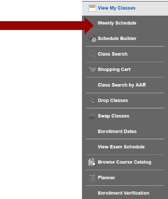 Screenshot of Manage Courses navigation with an arrow pointing to the Weekly Schedule option.