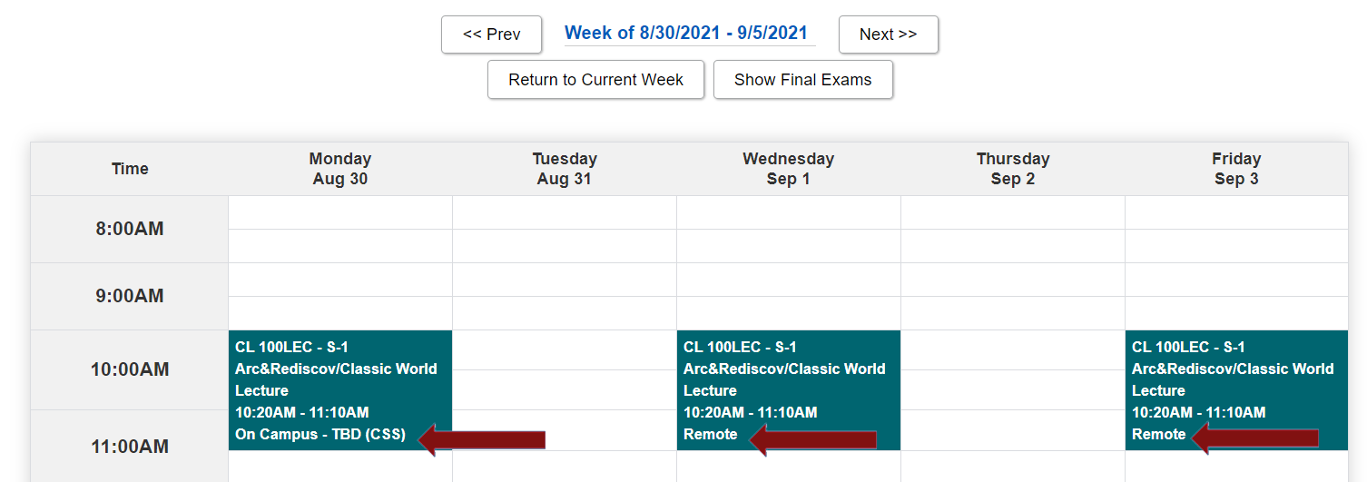 Screenshot showing a weekly schedule with arrows pointing to the room location for each meeting.