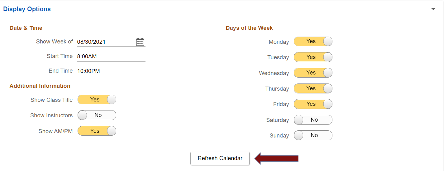 Screenshot showing display options for the weekly schedule with an arrow pointing to the refresh calendar button.