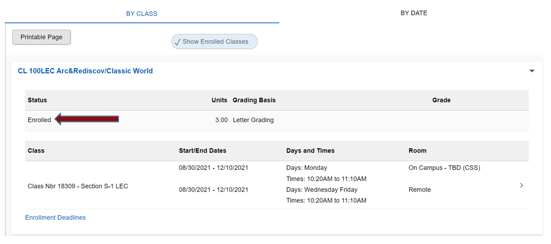 Screenshot of how to view the enrollment status with a red arrow pointing to the status. 
