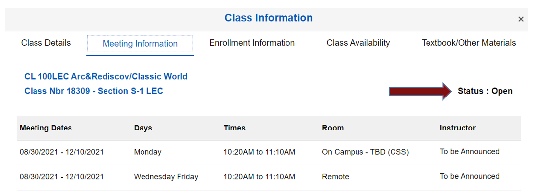 Screenshot of class information results with an arrow pointing to the class status. 