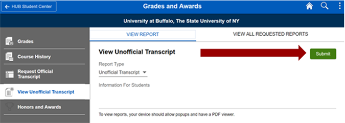 Screenshot of page with Unofficial Transcript selected and an arrow pointing to the Submit button.