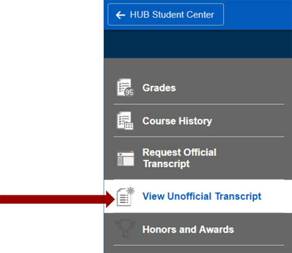 Screenshot of Grades and Awards sub-navigation with arrow pointing to View Unofficial Transcript.
