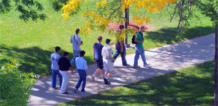Students walking on campus in the fall.